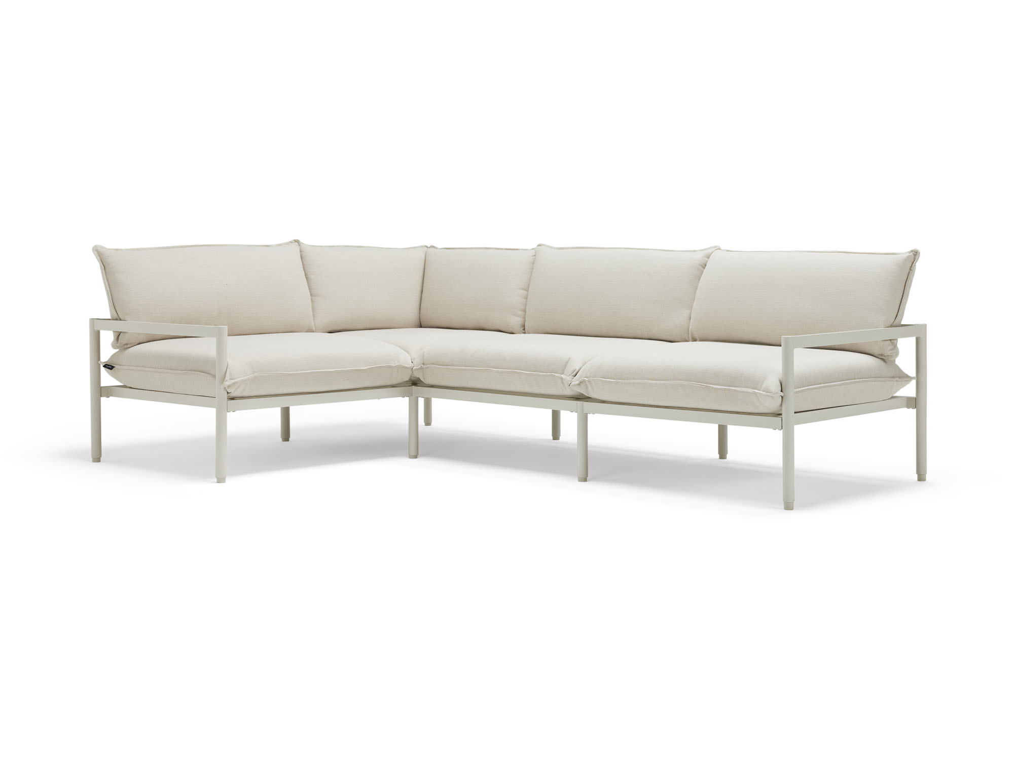Front angle view of 2-piece white outdoor sectional sofa